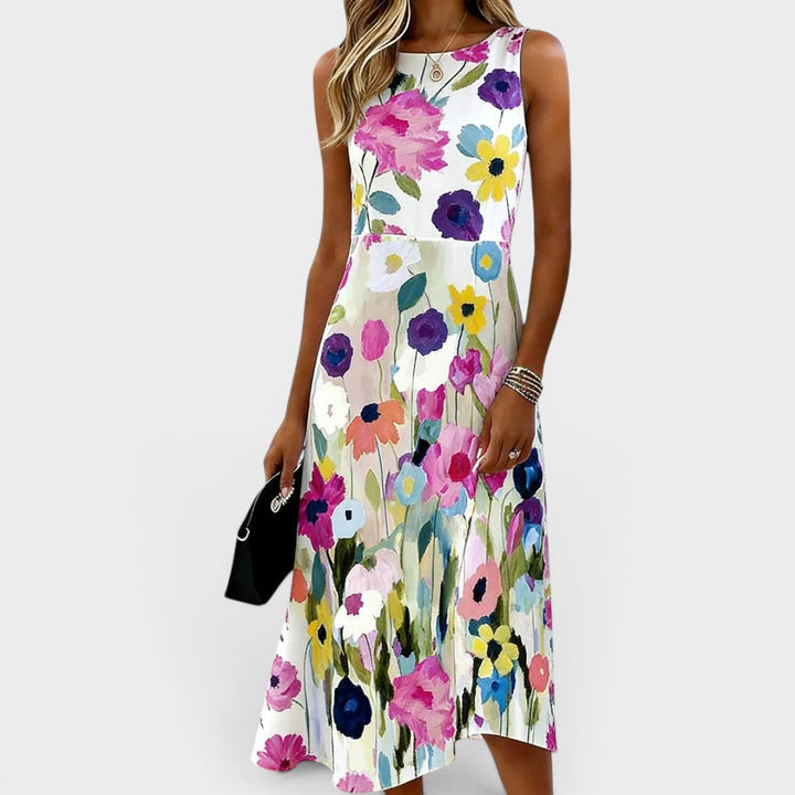 Carmina | Women's Sleeveless Midi Dress with Watercolour Floral Design