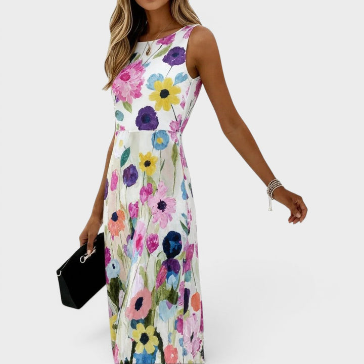 Carmina | Women's Sleeveless Midi Dress with Watercolour Floral Design