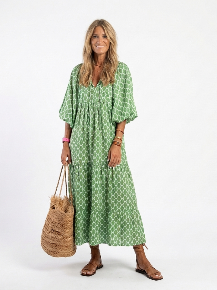 Apolline | Women's Relaxed Three-Quarter Sleeve V-Neck Patterned Midi Dress