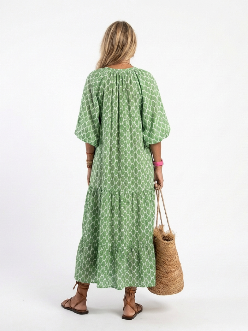 Apolline | Women's Relaxed Three-Quarter Sleeve V-Neck Patterned Midi Dress