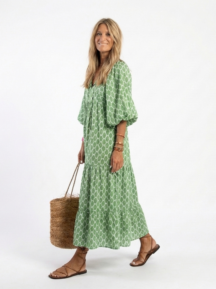 Apolline | Women's Relaxed Three-Quarter Sleeve V-Neck Patterned Midi Dress