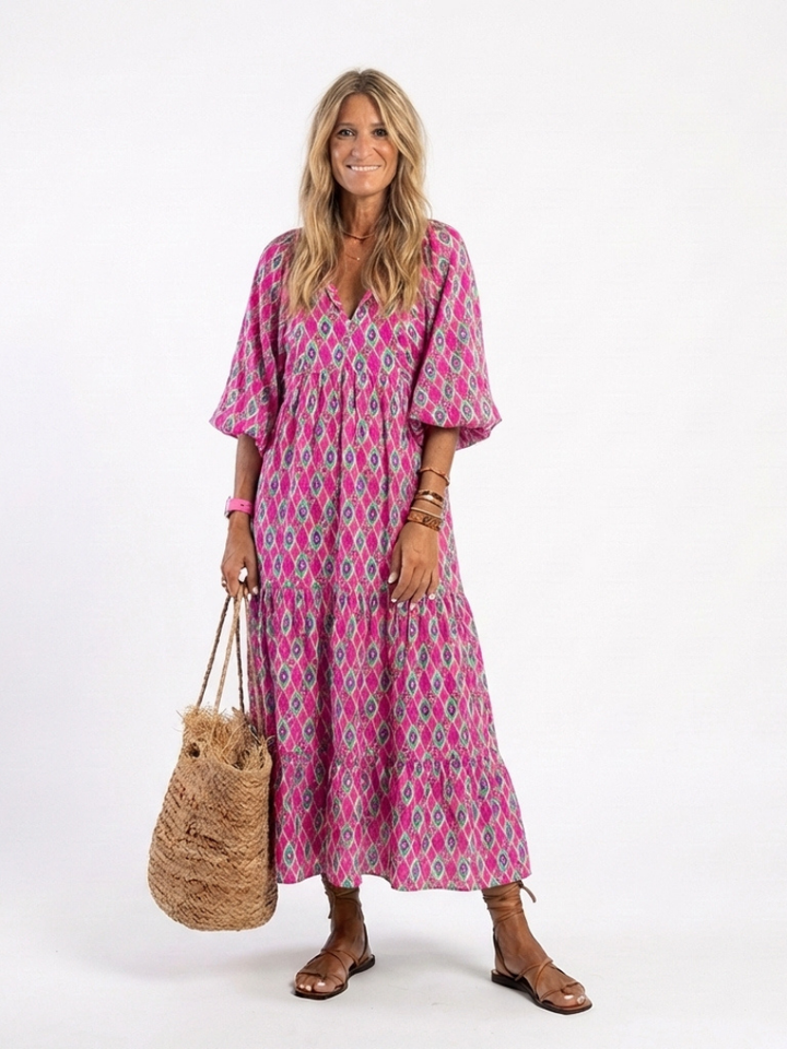 Apolline | Women's Relaxed Three-Quarter Sleeve V-Neck Patterned Midi Dress