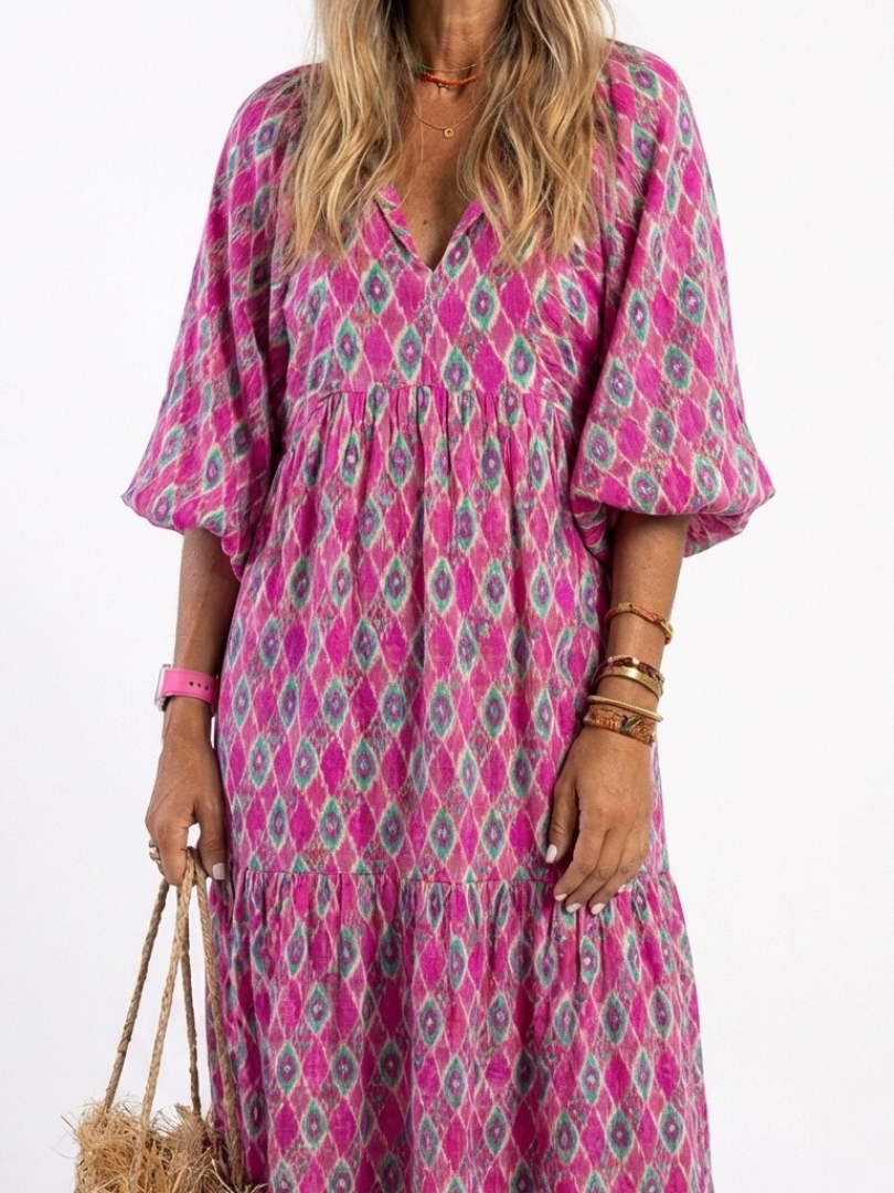 Apolline | Women's Relaxed Three-Quarter Sleeve V-Neck Patterned Midi Dress
