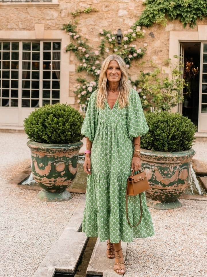 Apolline | Women's Relaxed Three-Quarter Sleeve V-Neck Patterned Midi Dress