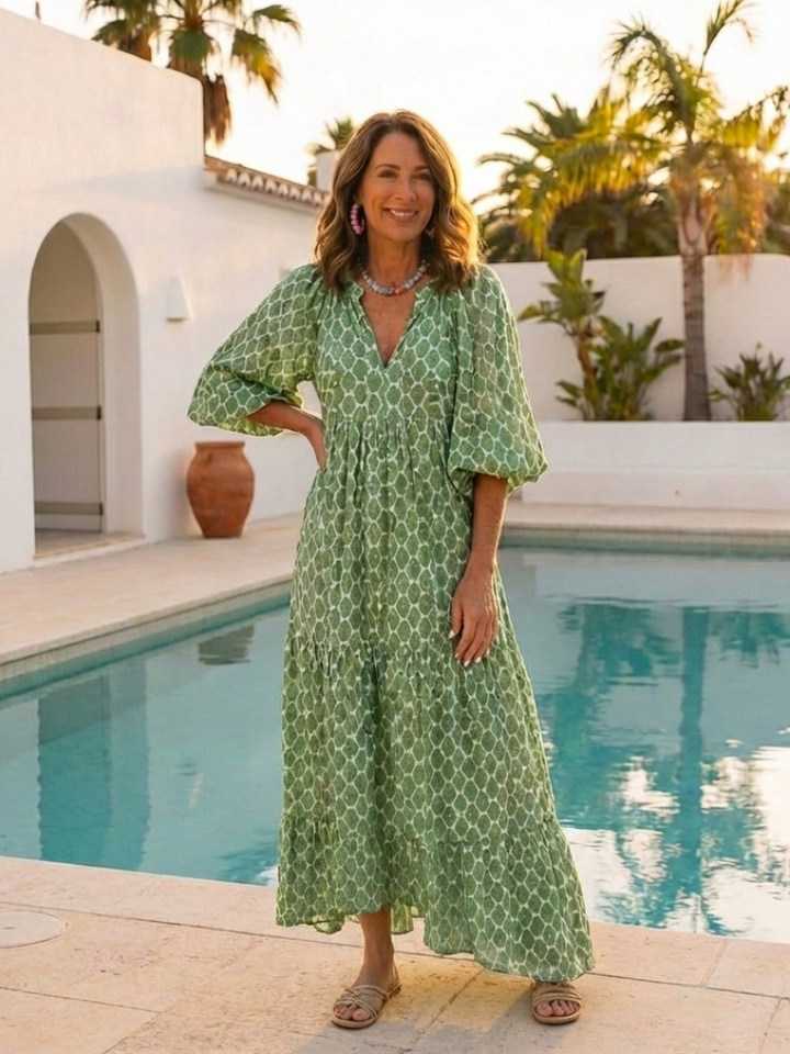 Apolline | Women's Relaxed Three-Quarter Sleeve V-Neck Patterned Midi Dress