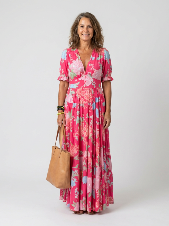 Ione | Women's Relaxed Short Sleeve V Neck Floral Midi Dress