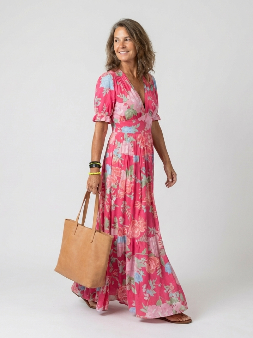 Ione | Women's Relaxed Short Sleeve V Neck Floral Midi Dress