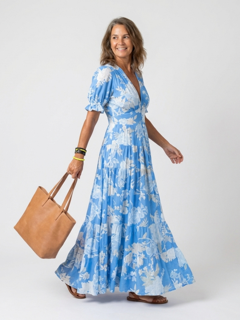 Ione | Women's Relaxed Short Sleeve V Neck Floral Midi Dress