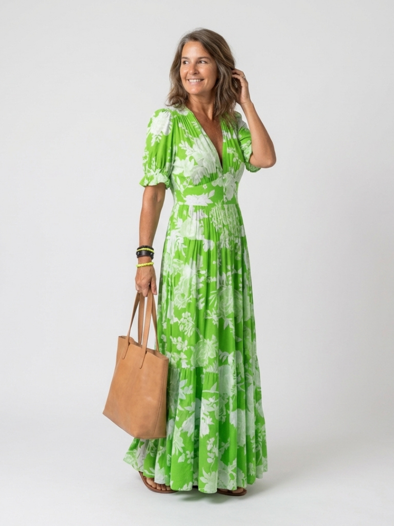 Ione | Women's Relaxed Short Sleeve V Neck Floral Midi Dress