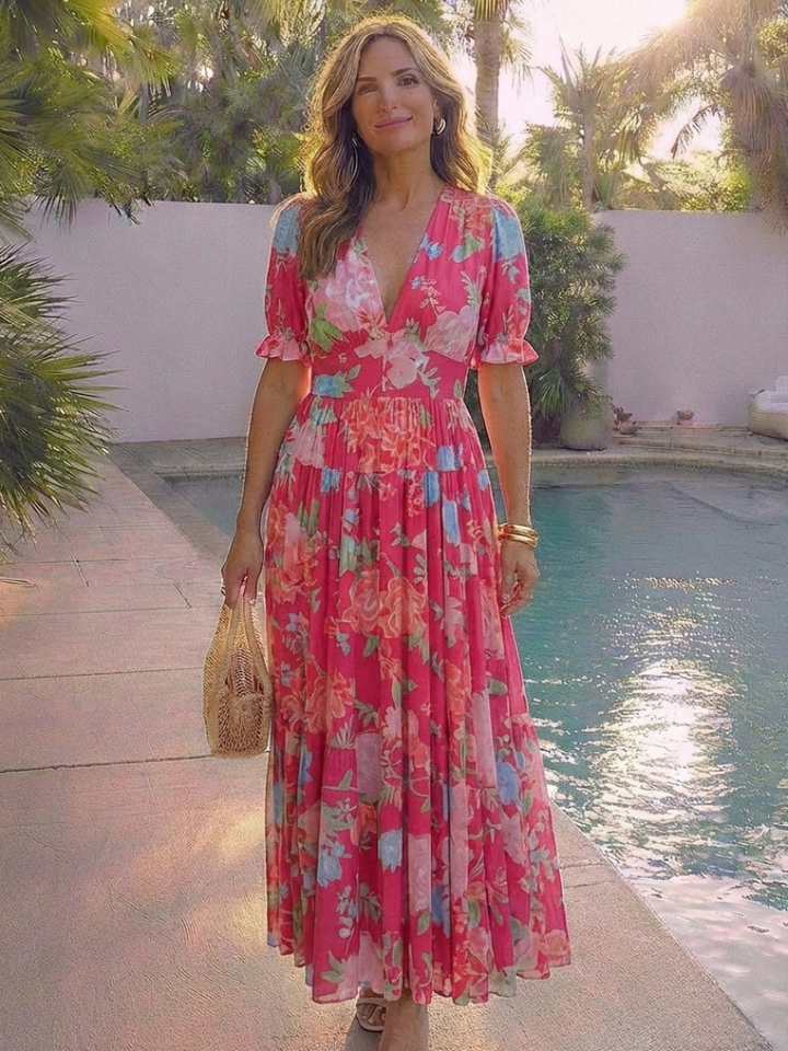 Ione | Women's Relaxed Short Sleeve V Neck Floral Midi Dress