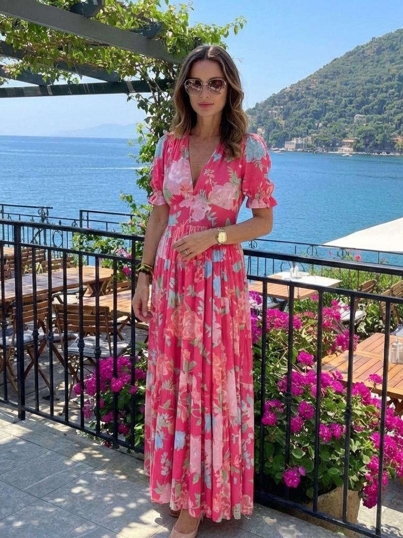 Ione | Women's Relaxed Short Sleeve V Neck Floral Midi Dress