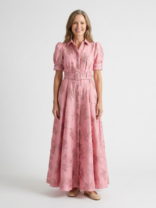 Xanthea | Women's Short Sleeve Belted Floral Textured Maxi Shirt Dress