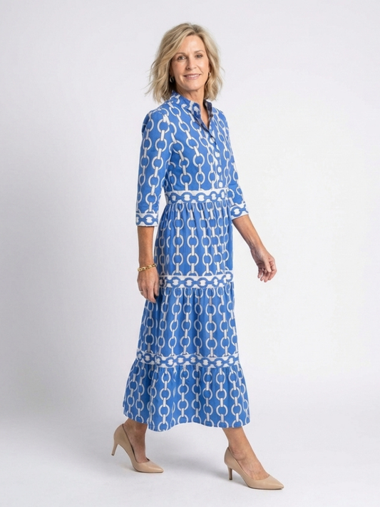 Ysolde | Women's Relaxed Three Quarter Sleeve Chain Pattern Midi Dress