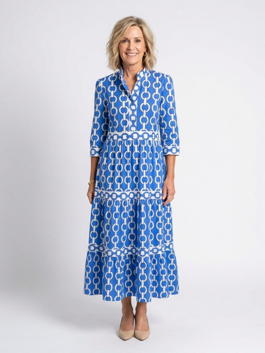 Ysolde | Women's Midi Dress with Three-Quarter Sleeves and Chain Pattern