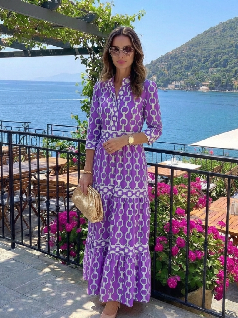 Ysolde | Women's Midi Dress with Three-Quarter Sleeves and Chain Pattern