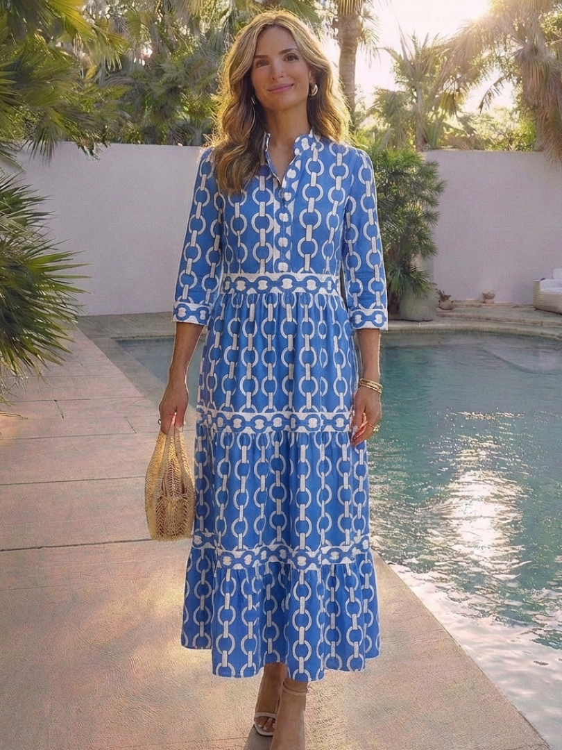 Ysolde | Women's Midi Dress with Three-Quarter Sleeves and Chain Pattern