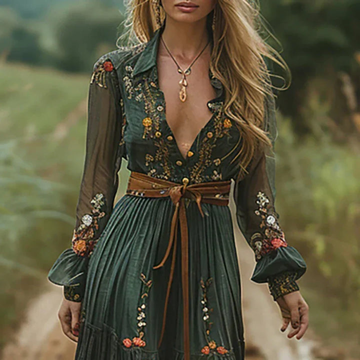 Bohemian Embroidered V-Neck Maxi Dress for Women with Ruffle Detail