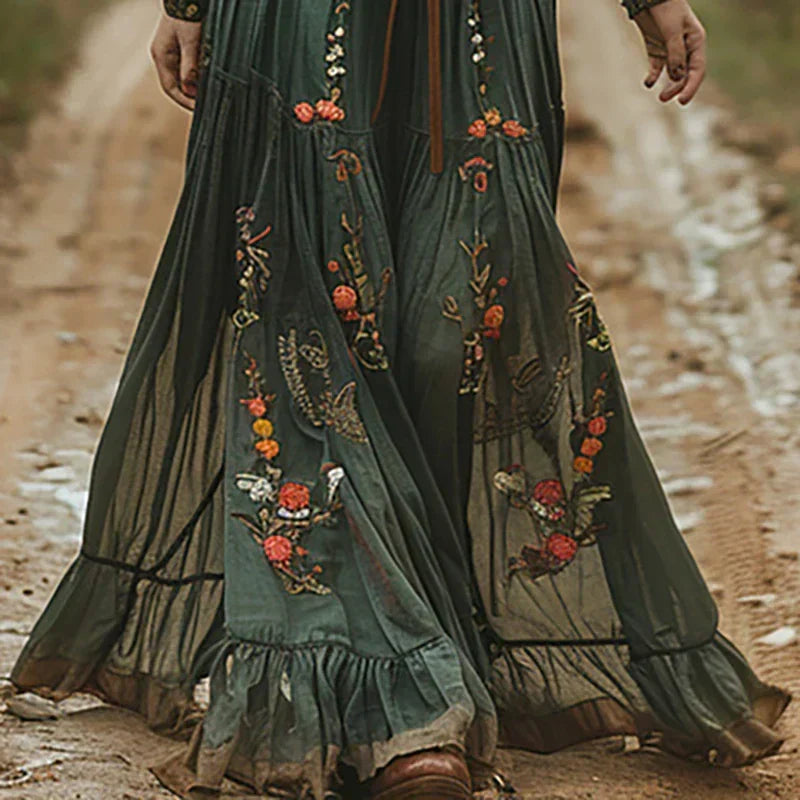 Bohemian Embroidered V-Neck Maxi Dress for Women with Ruffle Detail