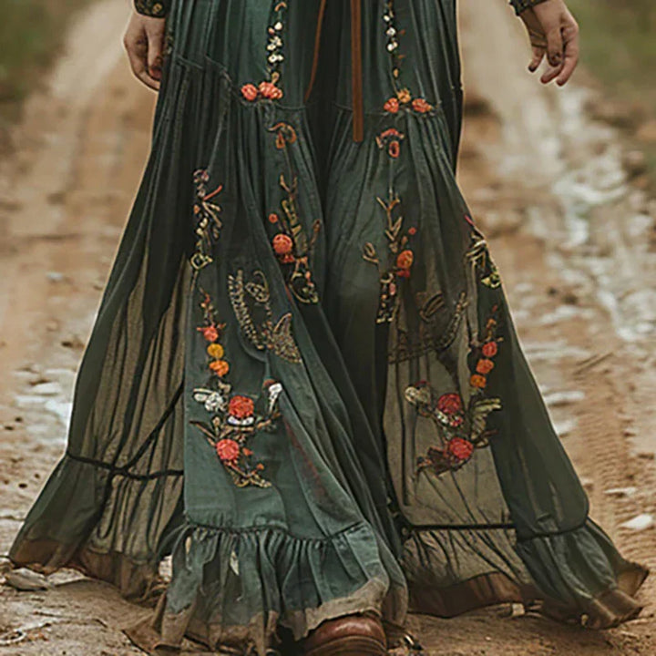 Bohemian Embroidered V-Neck Maxi Dress for Women with Ruffle Detail