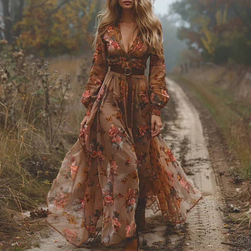 Bohemian Embroidered V-Neck Maxi Dress for Women with Ruffle Detail
