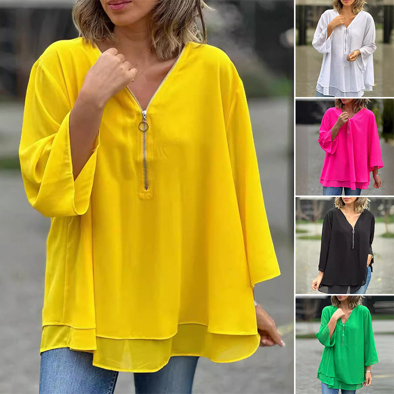 Heidi | Women's Longline V-Neck Flowy Zipped Top