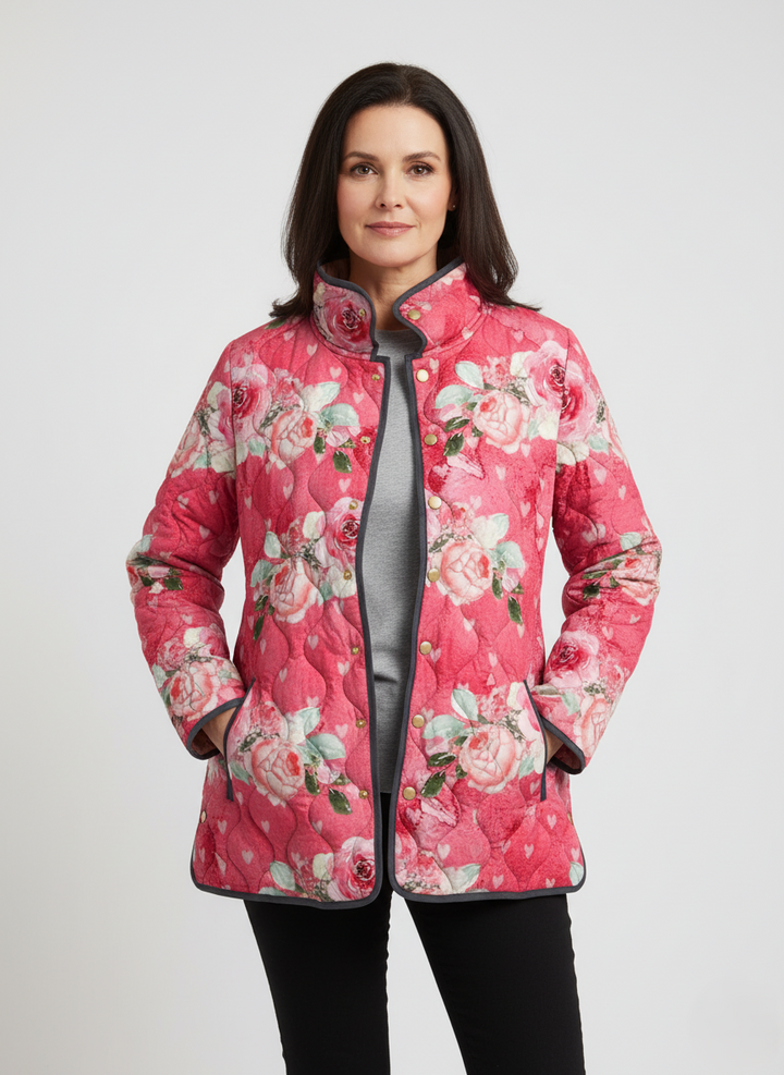 Women's Relaxed Romantic Rose Print Quilted Jacket