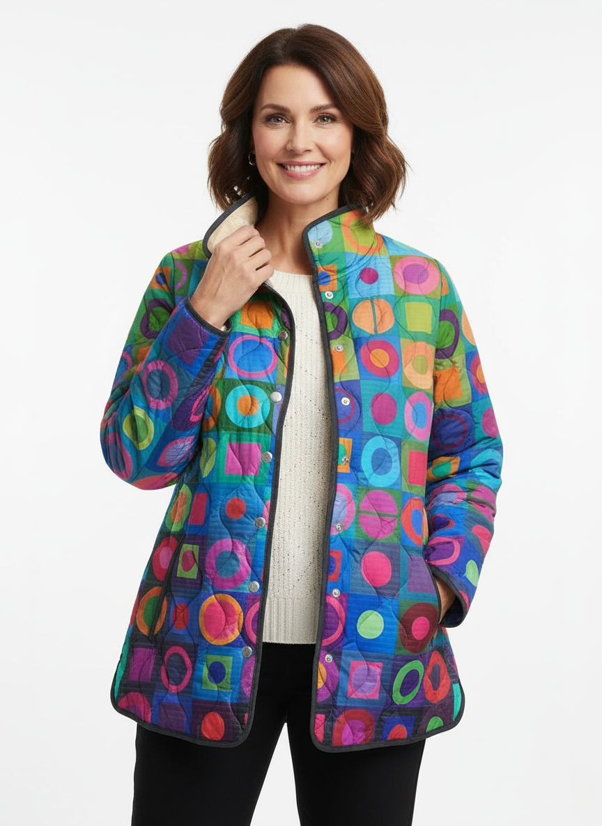 Women's Relaxed Retro Geometric Colour Block Quilted Jacket