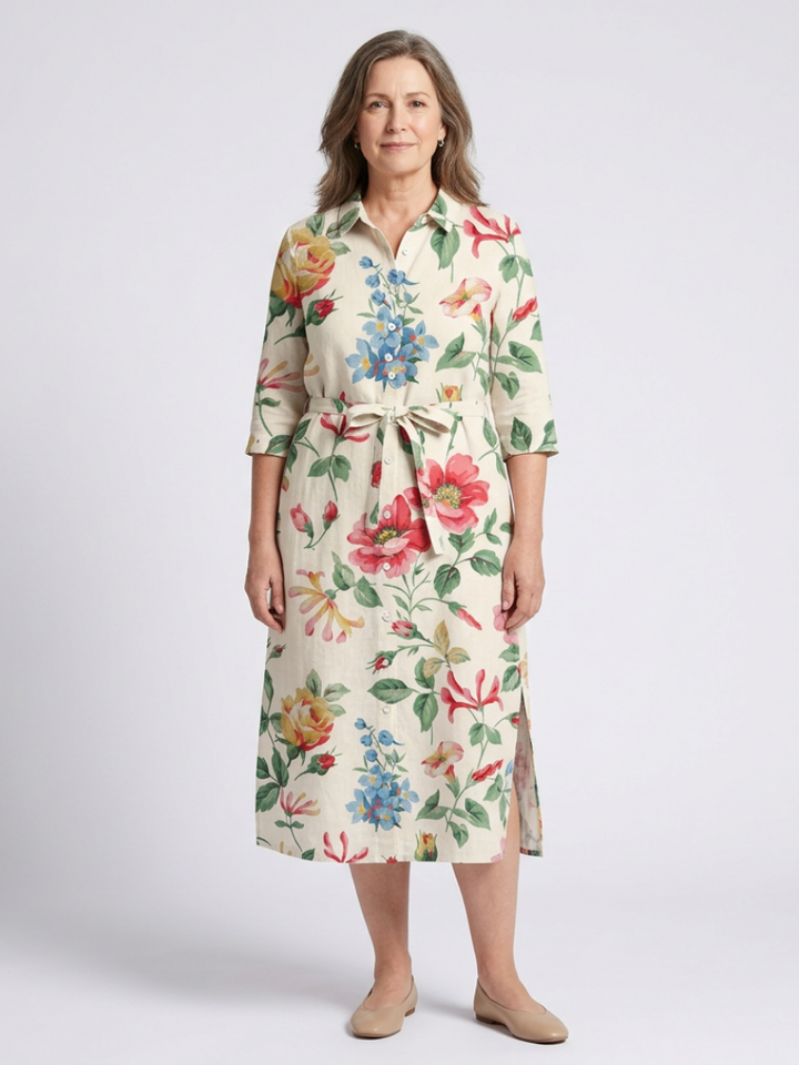 Maribel | Women's Relaxed Button Front Half Sleeve Floral Midi Dress