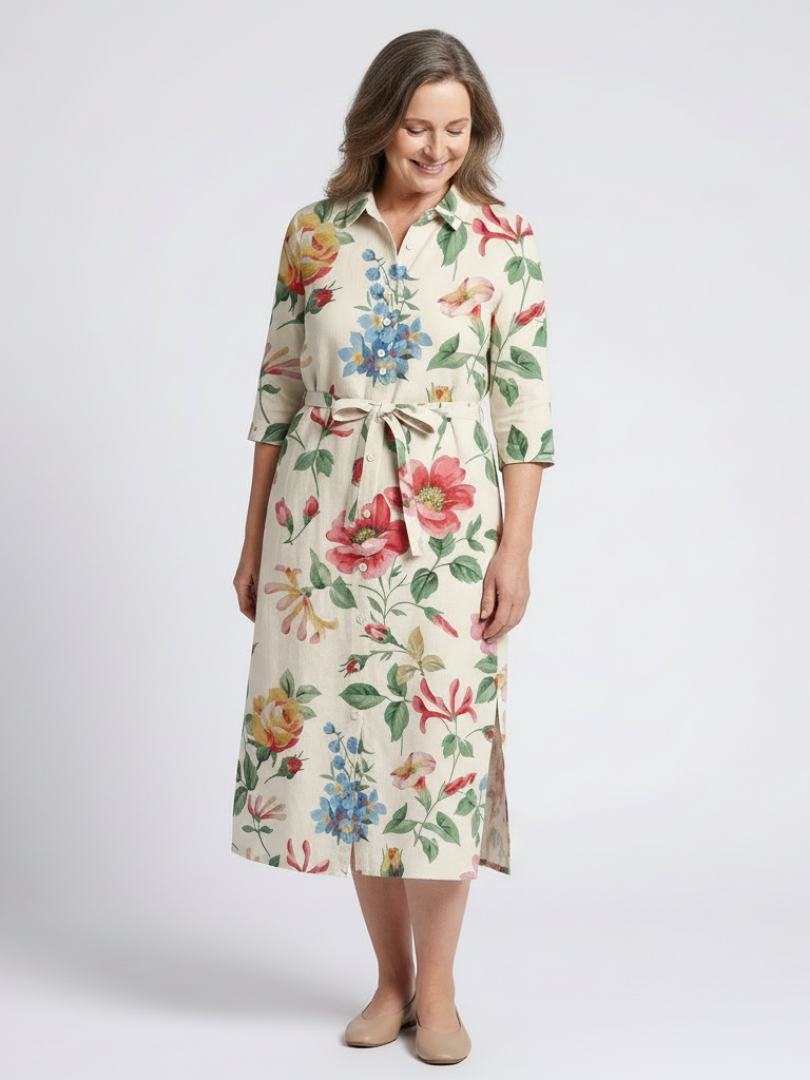 Maribel | Women's Relaxed Button Front Half Sleeve Floral Midi Dress