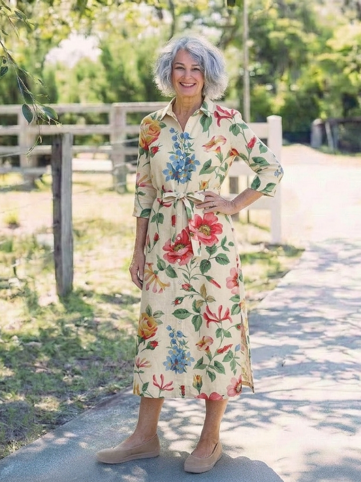Maribel | Women's Relaxed Button Front Half Sleeve Floral Midi Dress