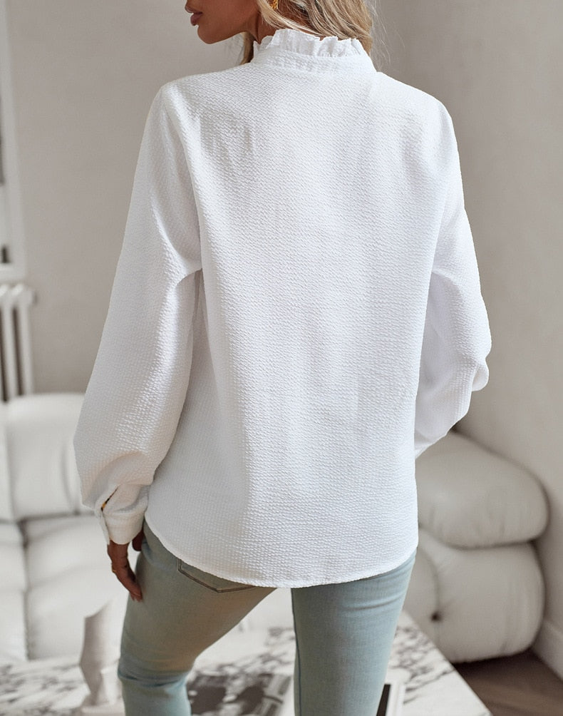Belle | Women's Elegant Polo Blouse with Ruffle Detail