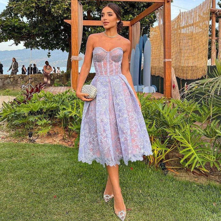 Luna | Women's Strapless Lace Midi Dress with Corset Top