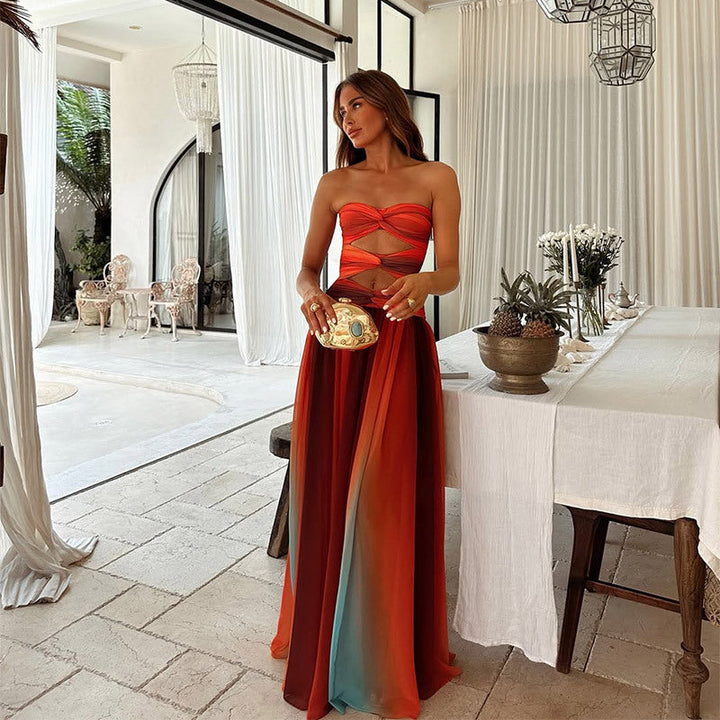 Aziza | Women's Hollow Out Tie-Dye Gradient Long Maxi Dress