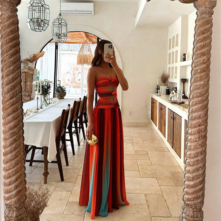Aziza | Women's Hollow Out Tie-Dye Gradient Long Maxi Dress
