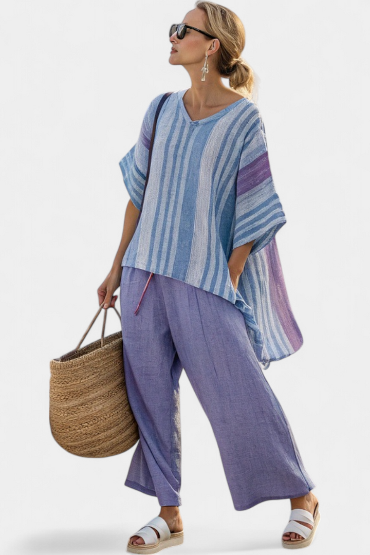 Carlotta | Women's Longline Striped elegant top in lavender and sky blue with trousers