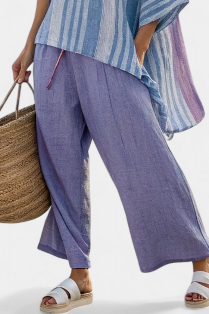 Carlotta | Women's Longline Striped elegant top in lavender and sky blue with trousers