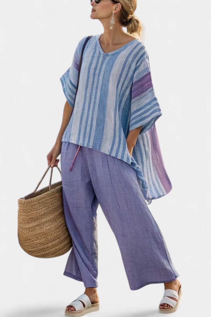 Carlotta | Women's Longline Striped elegant top in lavender and sky blue with trousers