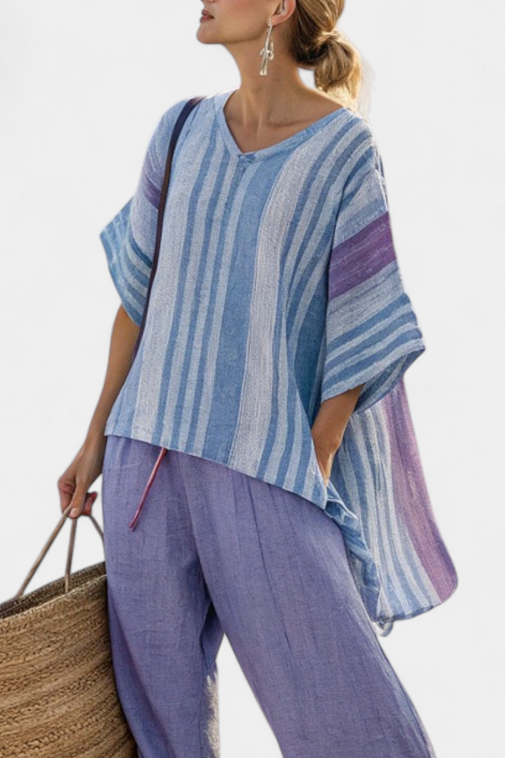 Carlotta | Women's Longline Striped elegant top in lavender and sky blue with trousers