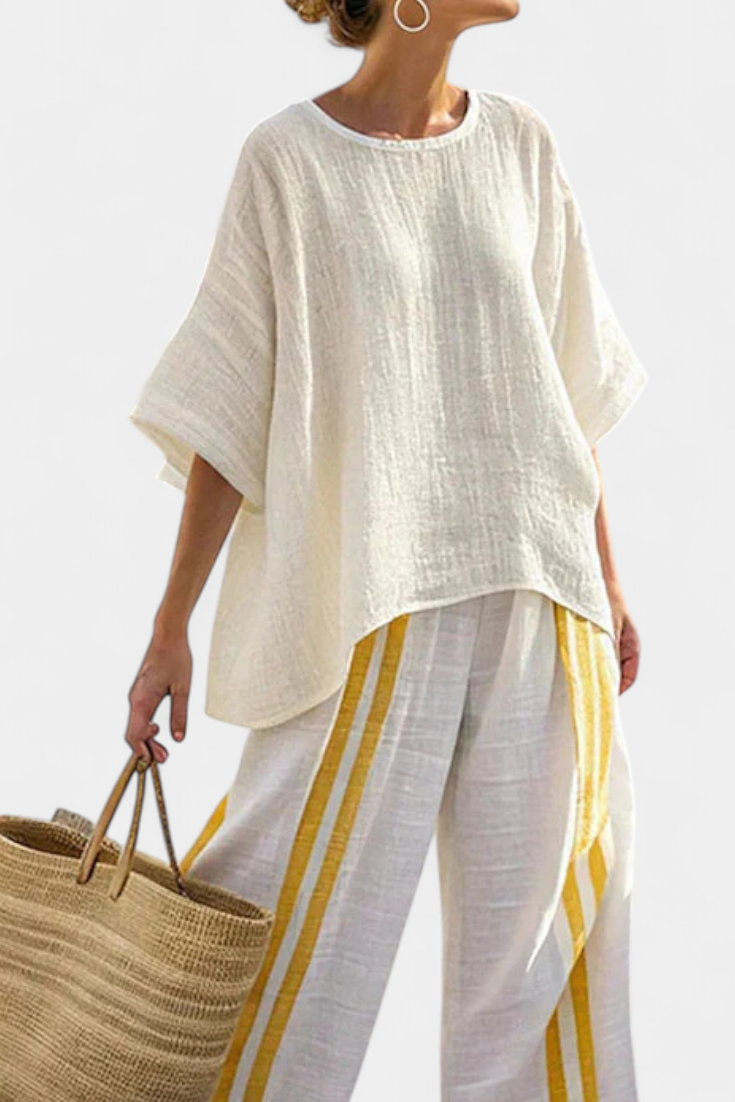 Arianna | Women's elegant yellow striped top and wide-leg trousers