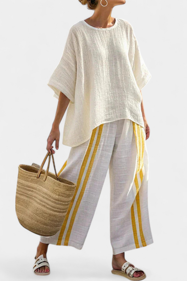 Arianna | Women's elegant yellow striped top and wide-leg trousers