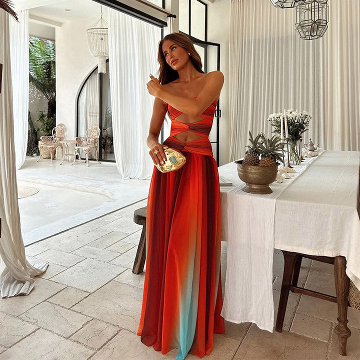Aziza | Women's Hollow Out Tie-Dye Gradient Long Maxi Dress