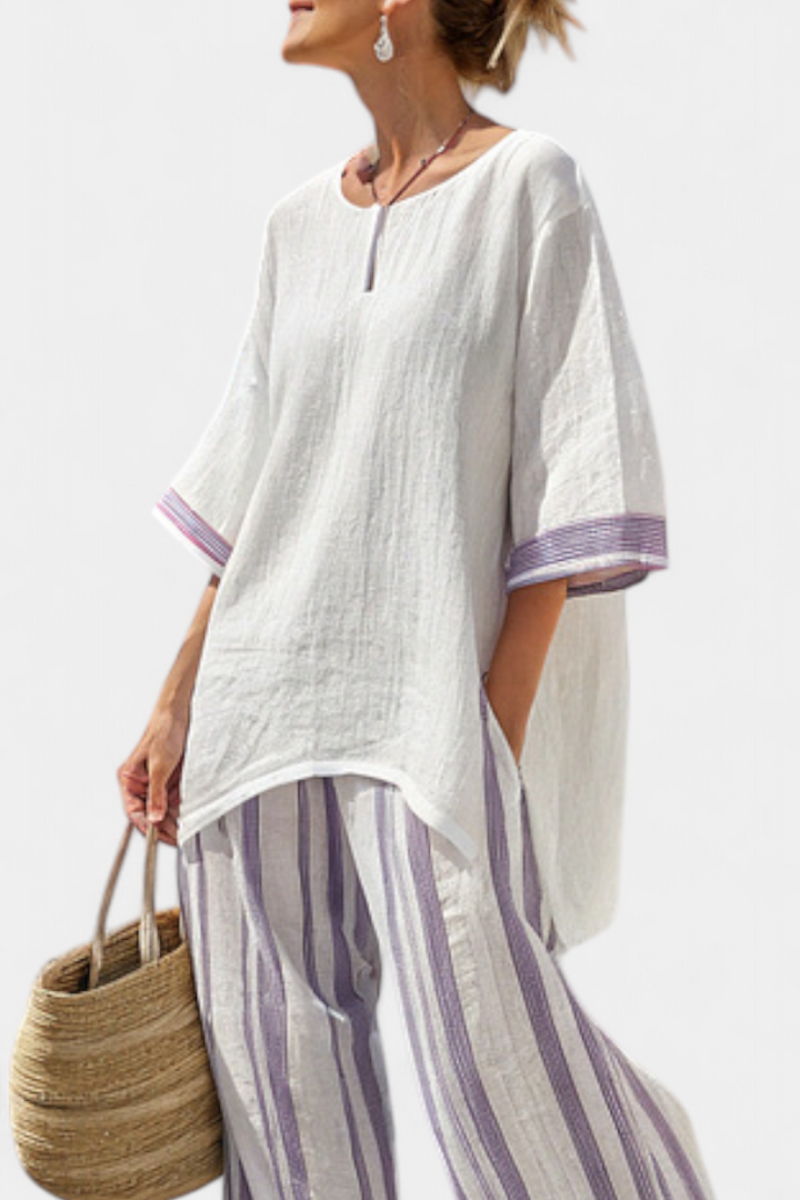 Allegra | Women's Longline Comfortable Blouse and Striped Bamboo Trousers