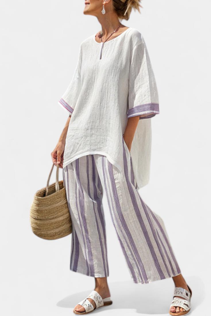 Allegra | Women's Longline Comfortable Blouse and Striped Bamboo Trousers