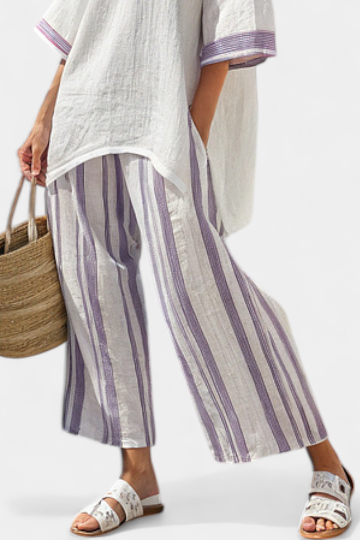 Allegra | Women's Longline Comfortable Blouse and Striped Bamboo Trousers