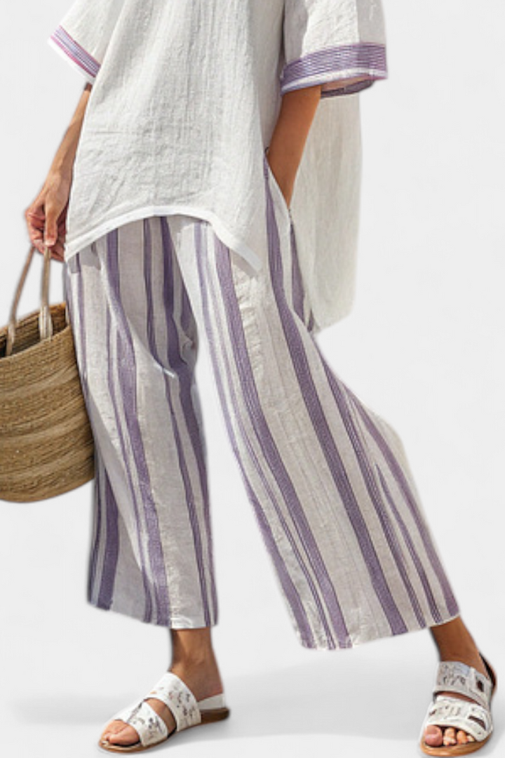 Allegra | Women's Longline Comfortable Blouse and Striped Bamboo Trousers