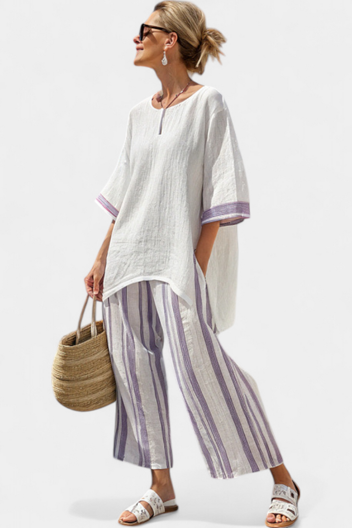 Allegra | Women's Longline Comfortable Blouse and Striped Bamboo Trousers