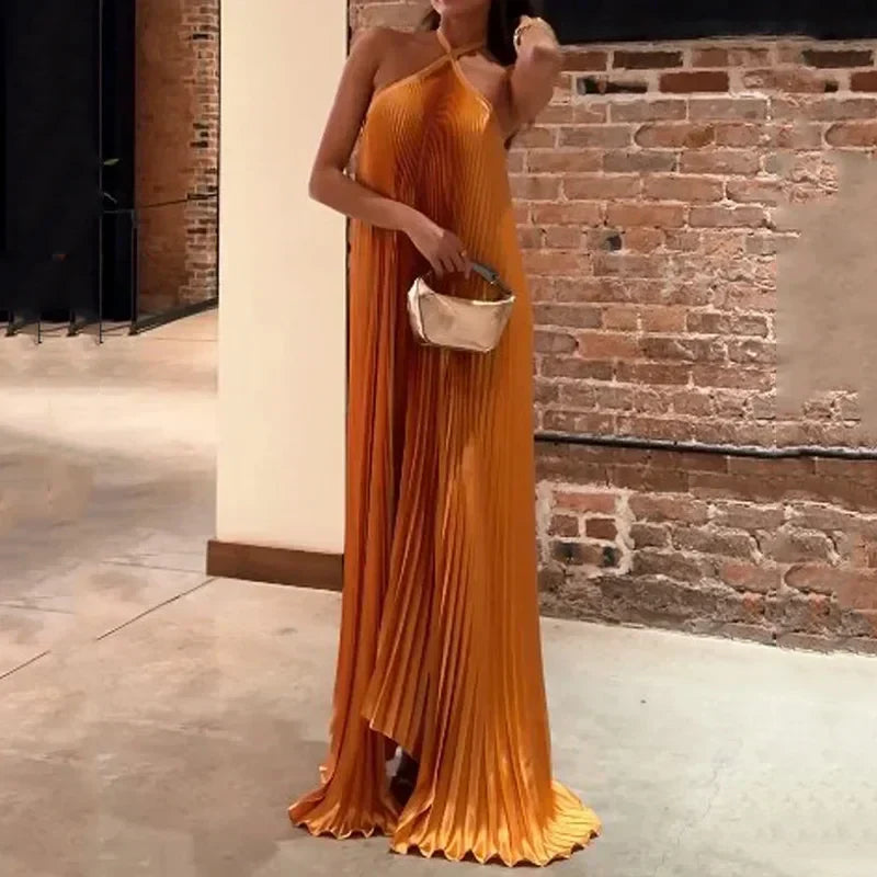 Mira | Women's Chic Pleated Halter Neck Maxi Dress