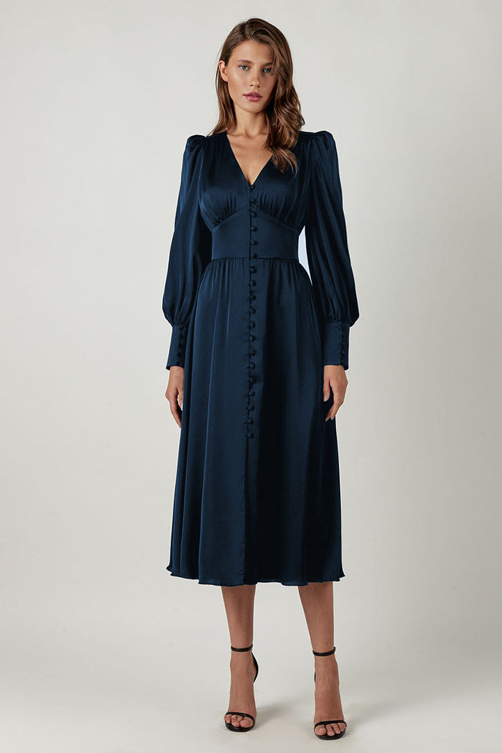 Arya | Women's V-Neck Midi Dress with Buttons