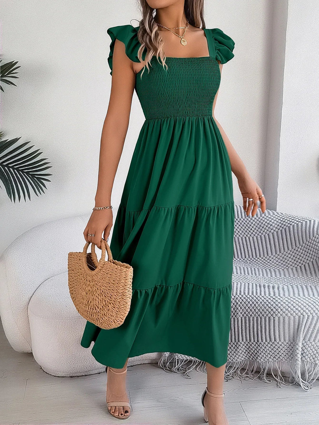 Yessa | Women's Elegant Tiered Midi Dress with Ruffle Detail and Smocking
