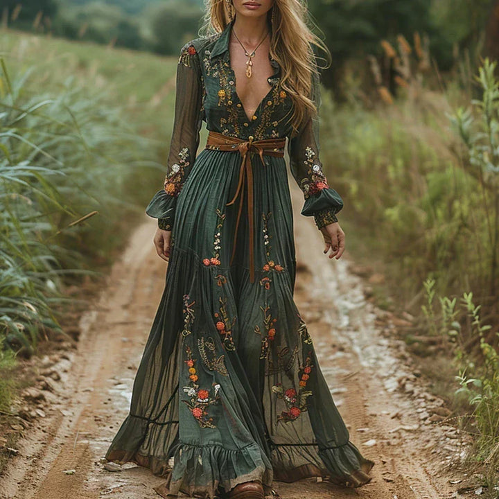 Bohemian Embroidered V-Neck Maxi Dress for Women with Ruffle Detail